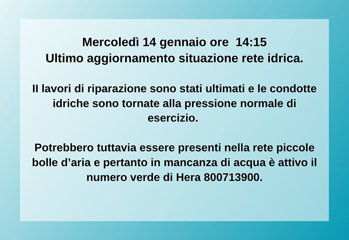 Mercoledì 14 gennaio ore 14.15 – Ultimo aggiornamento rottura condotta acqua