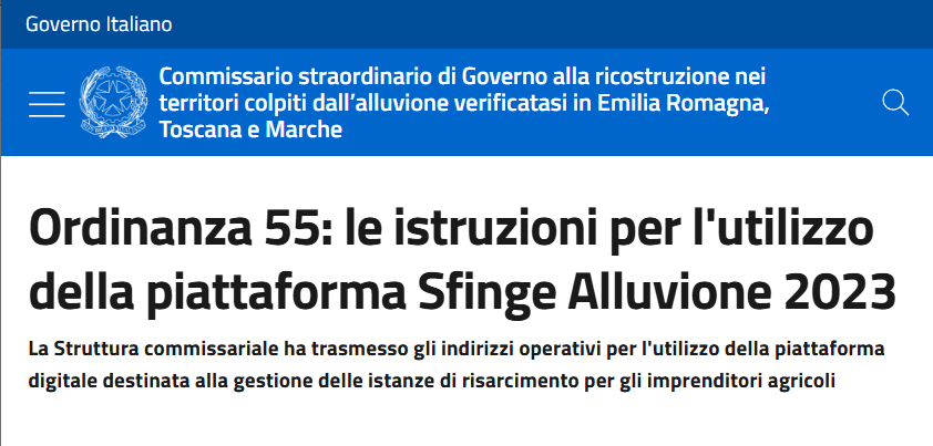Alluvione 2023 e 2024: comunicazione relativa alle indicazioni operative su ordinanza n. 55 – istruzioni utilizzo piattaforma Sfinge Alluvione 2023.
